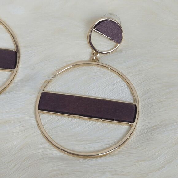 Women’s Gold Tone & Wood Circle Hoop Earrings Statement Handmade - Picture 2 of 5